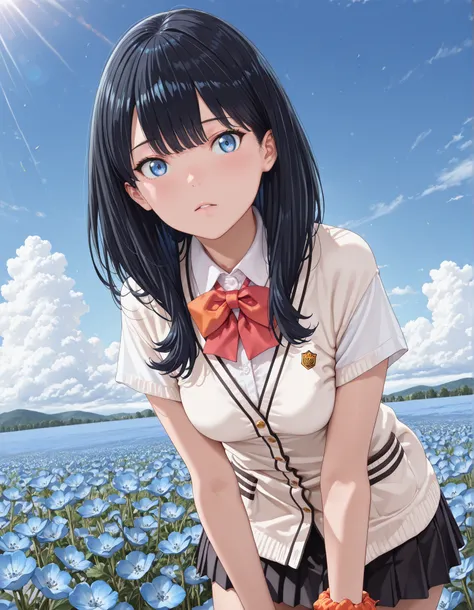 (1girl, solo:1.3), masterpiece,best quality,amazing quality, ((tkrdrkk, long hair, black hair, choppy bangs, blue eyes, short sleeves, orange scrunchie, white shirt, collared shirt, red bowtie, black skirt, miniskirt, pleated skirt, rikka, black hair, long...
