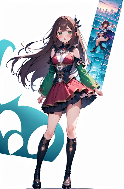 masterpiece quality，top quality assurance。brown hair、Pretty Girl with Green Eyes。Tsundere，魔法Fantasy Outfitを着ている，Exudes Magical Power，Fantasy Outfit，naughty，adorable，has a，city background， sacred,Full Body,Full Body,dynamic angle,dynamic pose,