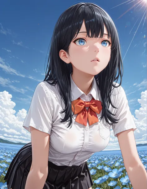 (1girl, solo:1.3), masterpiece,best quality,amazing quality, ((tkrdrkk, long hair, black hair, choppy bangs, blue eyes, short sleeves, orange scrunchie, white shirt, collared shirt, red bowtie, black skirt, miniskirt, pleated skirt, medium breasts, small b...