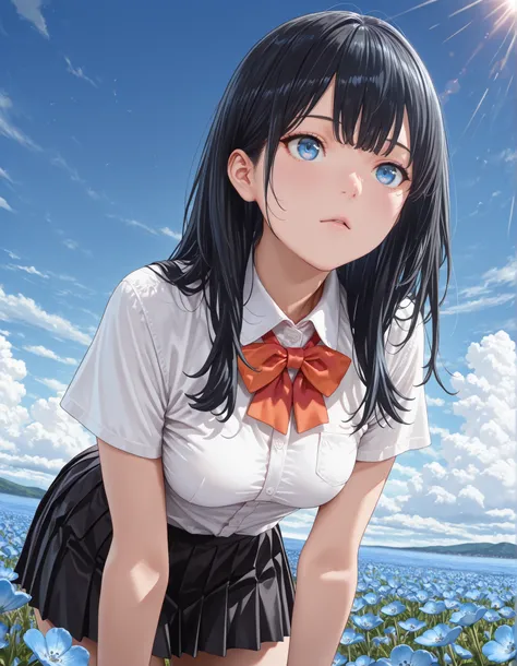 (1girl, solo:1.3), masterpiece,best quality,amazing quality, ((tkrdrkk, long hair, black hair, choppy bangs, blue eyes, short sleeves, orange scrunchie, white shirt, collared shirt, red bowtie, black skirt, miniskirt, pleated skirt, medium breasts, small b...