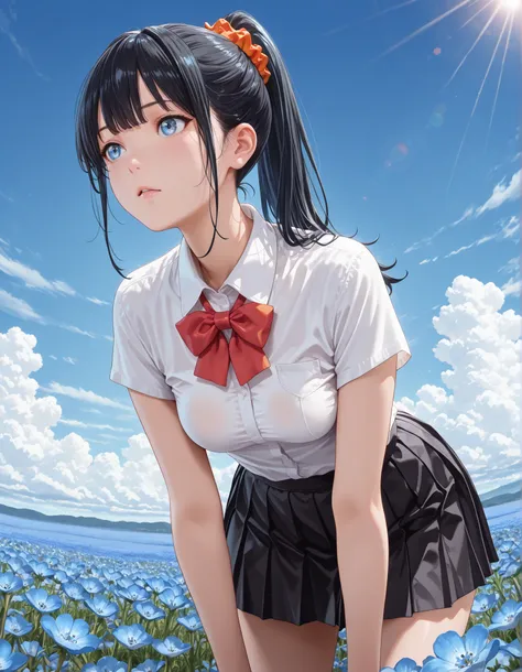 (1girl, solo:1.3), masterpiece,best quality,amazing quality, ((tkrdrkk, long hair, black hair, ponytail, choppy bangs, blue eyes, short sleeves, orange scrunchie, white shirt, collared shirt, red bowtie, black skirt, miniskirt, pleated skirt, medium breas...