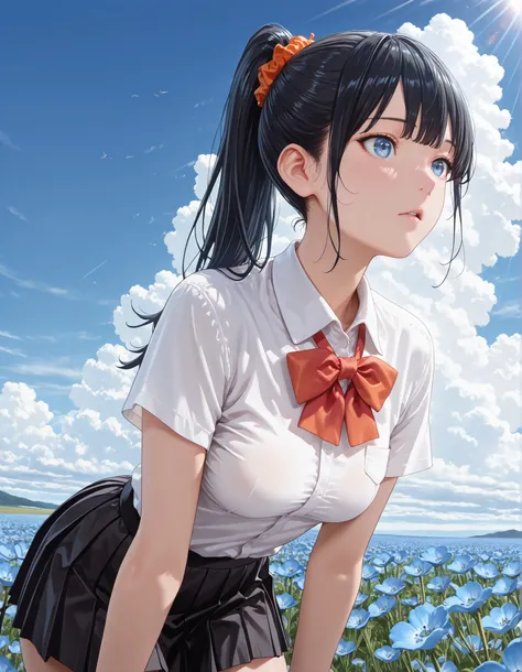 (1girl, solo:1.3), masterpiece,best quality,amazing quality, ((tkrdrkk, long hair, black hair,  ponytail, choppy bangs, blue eyes, short sleeves, orange scrunchie, white shirt, collared shirt, red bowtie, black skirt, miniskirt, pleated skirt, medium breas...