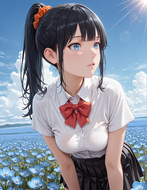 (1girl, solo:1.3), masterpiece,best quality,amazing quality, ((tkrdrkk, long hair, black hair,  ponytail, choppy bangs, blue eyes, short sleeves, orange scrunchie, white shirt, collared shirt, red bowtie, black skirt, miniskirt, pleated skirt, medium breas...