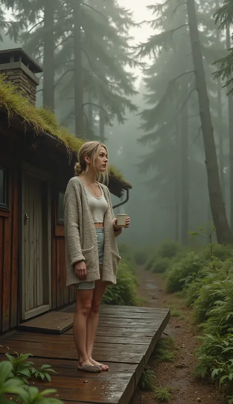 ultra realistic photograph, cinematic morning light, mist rising between tall pine trees,  
a small wooden cabin with moss-covered roof and smoke gently coming from the chimney, surrounded by ferns and wet forest floor,  
18-year-old Eastern European model...