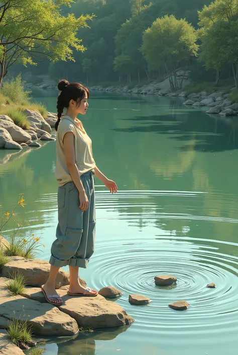 A potrait DSLR scene where a woman in comfortable clothes, riverside where, grabs a flat stone and throws it onto the surface of the, stones bounce forward {x} waves occur on the surface of the water after the stone passes by 4K, hyperrealistic, precise de...