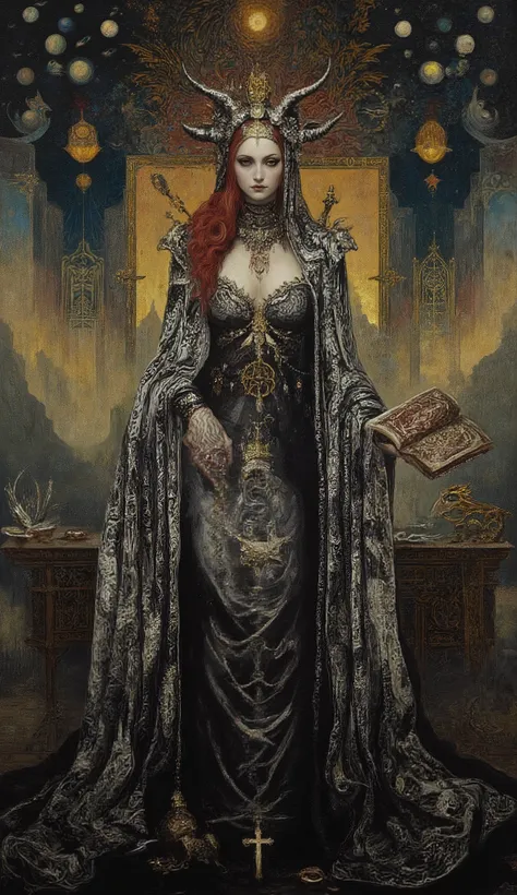 Surreal Painting,  An extravagant, mysterious female figure dressed in intricately embroidered black and white finely cut seductive attire that hides nothing about her perfectly made voluptuos and statuesque,  the harness  hugs her ravishingly captivating ...