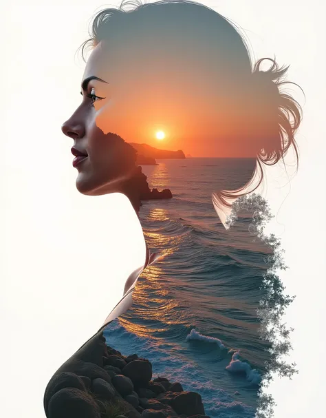 high quality, 8K Ultra HD, A beautiful double exposure that combines an goddess silhouette with sunset coast, looking at viewers and smiling confident , sunset coast should serve as the underlying backdrop, with its details incorporated into the goddess , ...