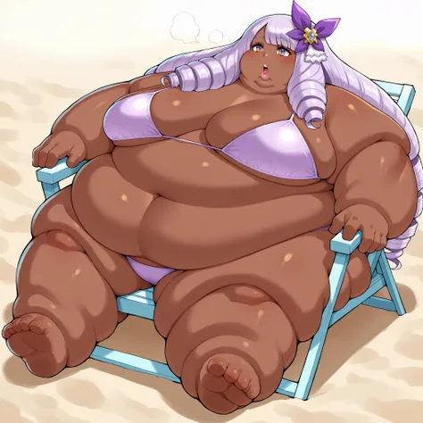 jacinthe, long hair, bangs, purple hair, dark-skinned female, drill hair,multicolored eyes,
hair ornament,  bikini, beach, fat, chubby, obese, fat neck, multiple chins, big breasts open mouth, out of breath, Larger female, full body shot, only head, large ...