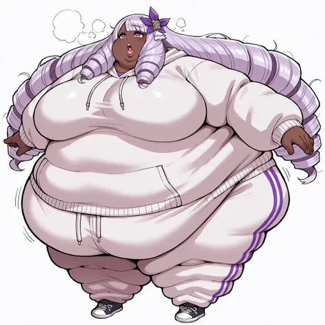 jacinthe, long hair, bangs, purple hair, dark-skinned female, drill hair,multicolored eyes,
hair ornament, messy hair, hoodie, sweatpants, shoes, fat, chubby, obese, fat neck, multiple chins, big breasts open mouth, out of breath, Larger female, full body ...