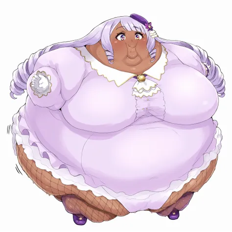 jacinthe, long hair, bangs, purple hair, dark-skinned female, drill hair,multicolored eyes, hair ornament, long sleeves, jewelry, puffy sleeves, juliet sleeves, fishnets, purple footwear, beret, white gloves, ascot, purple dress, fishnet_pantyhose, ,  fat,...