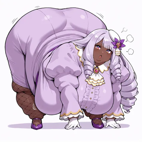 jacinthe, long hair, bangs, purple hair, dark-skinned female, drill hair,multicolored eyes, hair ornament, long sleeves, jewelry, puffy sleeves, juliet sleeves, fishnets, purple footwear, beret, white gloves, ascot, purple dress, fishnet_pantyhose, fat, ch...