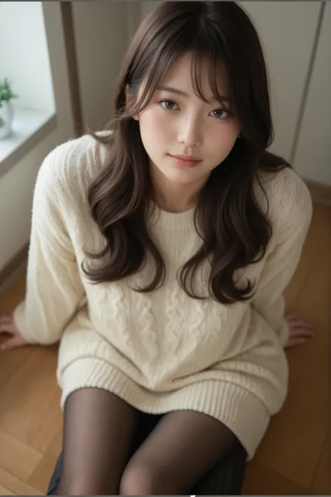 A woman sitting comfortably wearing a stylish knit sweater, Japanese, age around late twenties, elegant and sophisticated appearance with beautiful brown-red hair