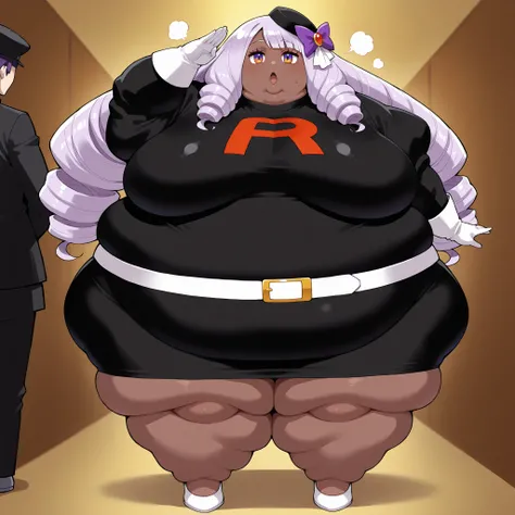 jacinthe, long hair, bangs, purple hair, dark-skinned female, drill hair,multicolored eyes, hair ornament,  team rocket uniform, black hat, black shirt, black skirt, white belt, white gloves, single letter,, fat, chubby, obese, fat neck, multiple chins, bi...