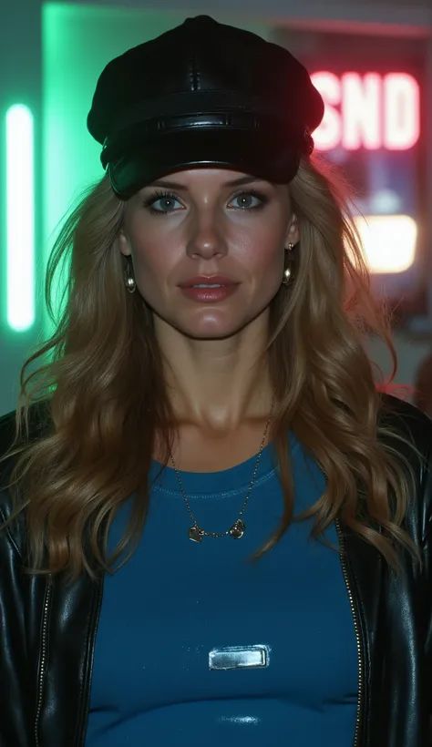 Kelly Preston with blue shirt glued to her body and black tactical beret in the background, white neon pilasters, walls with high-quality reflections, neon black and green with broken windows in the highest quality in 64k and tactical people, pilasters and...