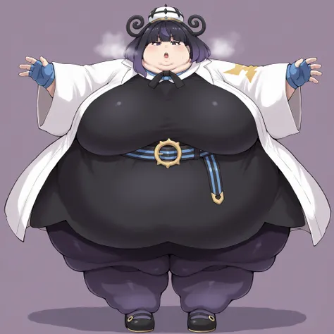 gwynn, gwynn \(pokemon\), gradient hair, black hair, purple hair, short hair, asymmetrical sidelocks, bob cut, purple eyes, aged up
hat, character hat, white headwear, neck ribbon, black ribbon, open coat, white coat, long sleeves, wide sleeves, blue glove...