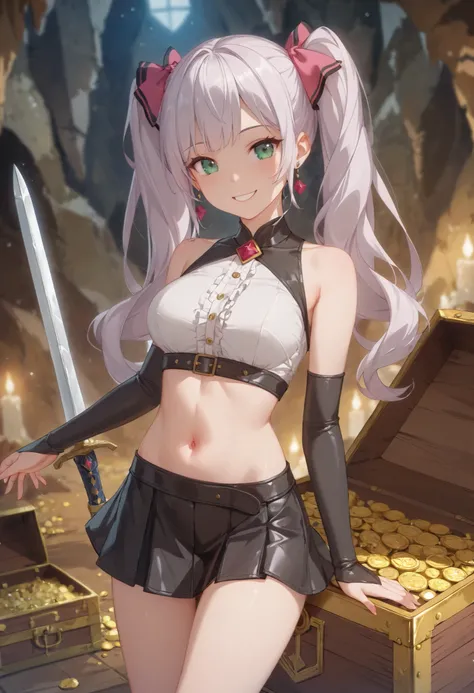 （（（ＳＦＷ、Highest quality、A first-class masterpiece、normal body 、32K、detailed face、Ultra High Accuracy、Normal hand、Highest）））、Miles/mile、Adele Von Ascum、Beautiful girl、Pink silver hair、twin tails、Blue-green eyes 、Slim、slender、Adventurer、Leather Breastplate、mi...