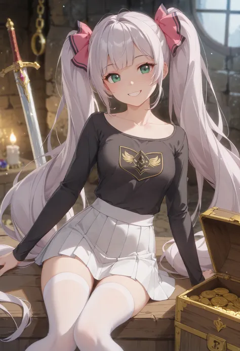 （（（ＳＦＷ、Highest quality、A first-class masterpiece、normal body 、32K、detailed face、Ultra High Accuracy、Normal hand、Highest）））、Miles/mile、Adele Von Ascum、Beautiful girl、Pink silver hair、twin tails、Blue-green eyes 、Slim、slender、Adventurer、black shirt、Leather Br...