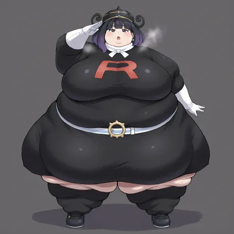 gwynn, gwynn \(pokemon\), gradient hair, black hair, purple hair, short hair, asymmetrical sidelocks, bob cut, purple eyes, aged up,  team rocket uniform, black hat, black shirt, black skirt, white belt, white gloves, single letter,, fat, chubby, obese, fa...