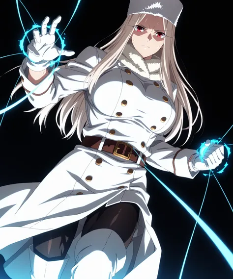  masterpiece, best quality, amazing quality, newest, absurdres, source_anime, anime_screencap, 1girl, solo,

sysdeep_irisviel, mature female, (platinum-blonde hair, long hair, hair down, sidelocks), red eyes, big breasts, muscular body,

(white cap), white...