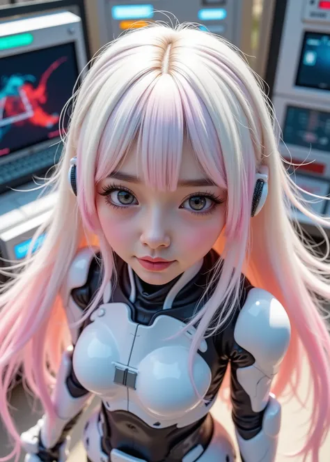 Little real cute little girl with flowing multicolored hair standing, White hair with pink tips、Face looks like white porcelain、Little Girl、black on white Android suit, control panels、Room with monitor screen showing her、ultra-detailed rendering of vivid g...
