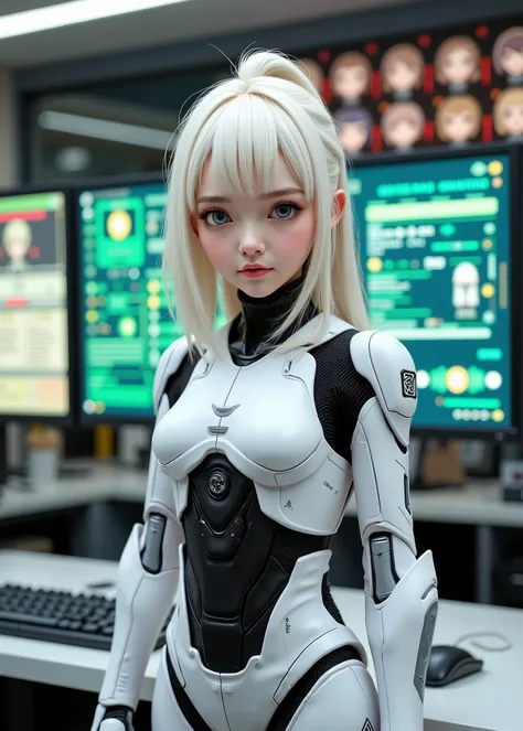 Real cute girl standing, with pale green white hair、Face looks like white porcelain、Little Girl、black on white Android suit, control panels、Room with monitor screen showing her、ultra-detailed rendering of vivid gradients floating around the subject、perfect...