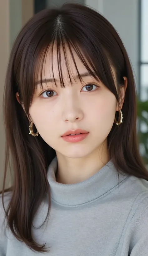 Neat Young Woman、and look at the camera、office lady suit、jacket、shirt、necklace、、ear piercing、前髪あり、No expression、has closed its mouth、顔のクローズアップ、The background is office