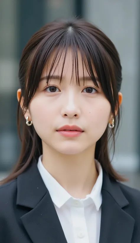Neat Young Woman、and look at the camera、office lady suit、jacket、shirt、necklace、、ear piercing、前髪あり、No expression、has closed its mouth、顔のクローズアップ、The background is office