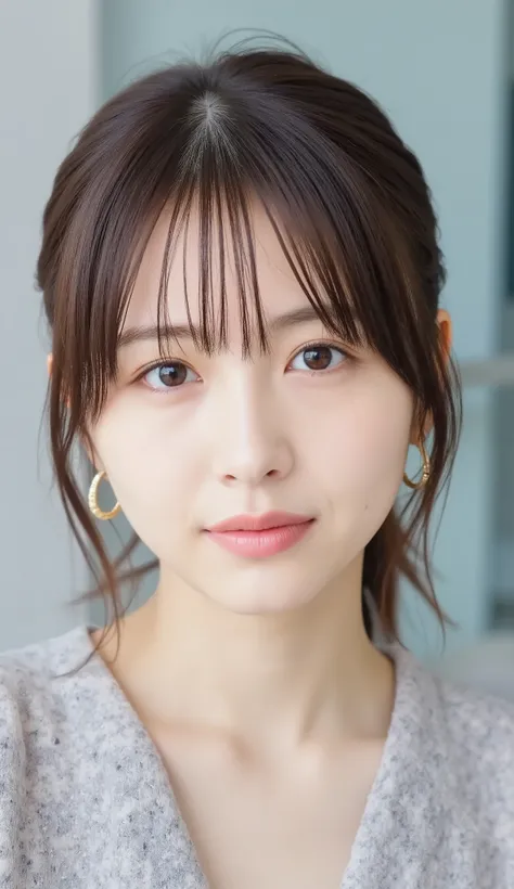 Neat Young Woman、and look at the camera、office lady suit、jacket、shirt、necklace、、ear piercing、前髪あり、No expression、has closed its mouth、顔のクローズアップ、The background is office

