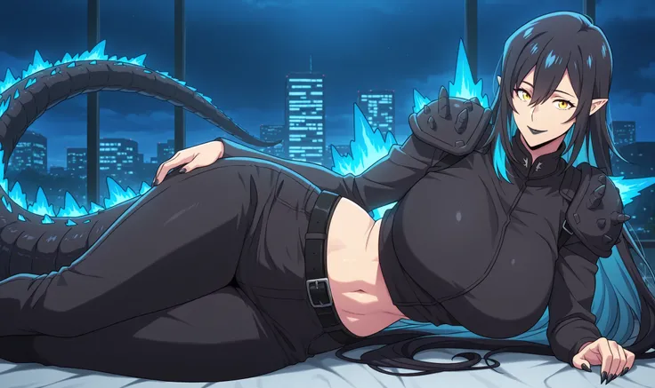 anime screencap, masterpiece, best quality, kajiu-jin-ah, 1girl, Mature Female, yellow eyes, absurdly long hair, two-tone hair, pointy ears, Godzilla tail, Godzilla large tail, long tail, very long tail, black hair, nails claws, attractive face, detailed f...