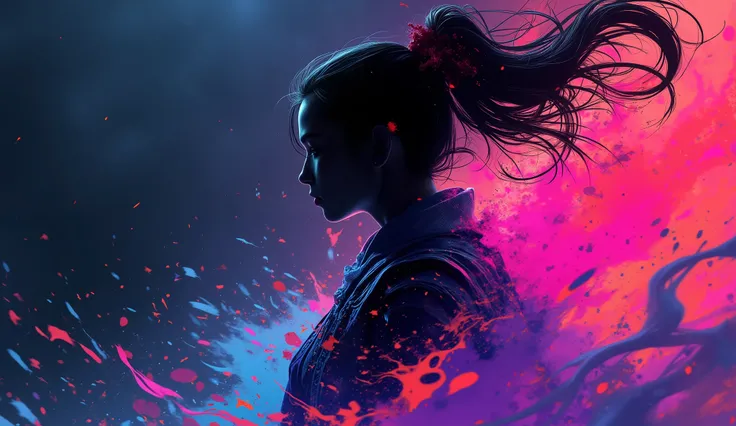  Inkpunk Anime,  volumetric dark colorful splash in a shape of a female samurai contour,mixed dark colors, neon_art, Dark colors background, desktop wallpapper style