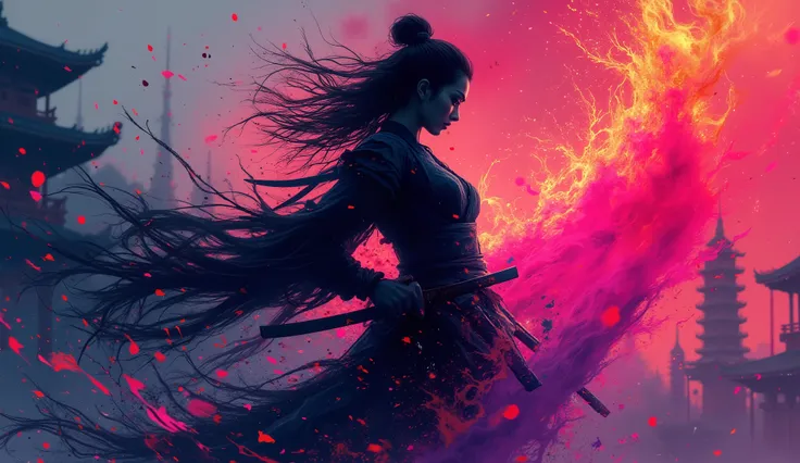  Inkpunk Anime,  volumetric dark colorful splash in a shape of a female samurai contour,mixed dark colors, neon_art, Dark colors background with ancient japan elements, desktop wallpapper style