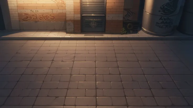 Masterpiece quality (highest quality, best quality), Straight side view, side view, side view, side view, side view, front perspective, 2D view of an metropolis urban battle arena.(dark, night:1.1), In the background is a brick wall of an alley of a large ...