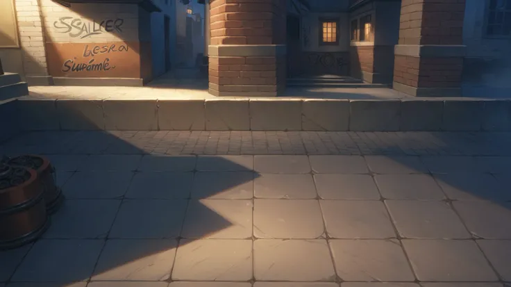 Masterpiece quality (highest quality, best quality), Straight side view, side view, side view, side view, side view, front perspective, 2D view of an metropolis urban battle arena.(dark, night:1.1), In the background is a brick wall of an alley of a large ...