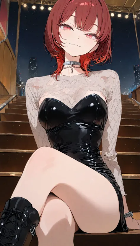 Masterpiece, top quality, very detailed , close-up, Animation Style, Japanese illustration style, A beautiful and cute woman with a perfect body, slim, (crimson red hair, long wolf cut, tousled layers, full bangs, soft bangs), red eyes, Medium Breasts, a...