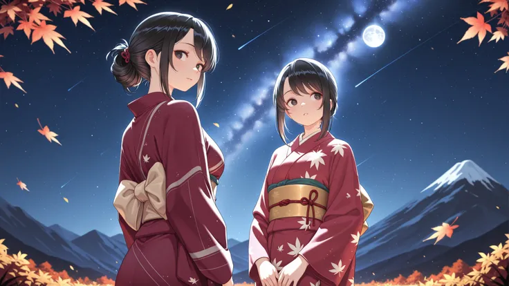 High Quality, masterpiece, 最High Quality, womanhood, long black hair, slim figure visible to the navel, kimono, Red Kimono, golden belt, posture looking back, gentle expression, kind eyes, mature vibe, Quiet, is inclusive, Autumn leaves mountain, full m...