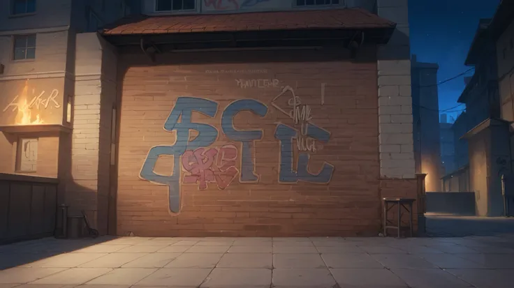 Masterpiece quality (highest quality, best quality), Straight side view, side view, side view, side view, side view, front perspective, 2D view of an metropolis urban battle arena.(dark, night:1.1), In the background is a brick wall of an alley of a large ...