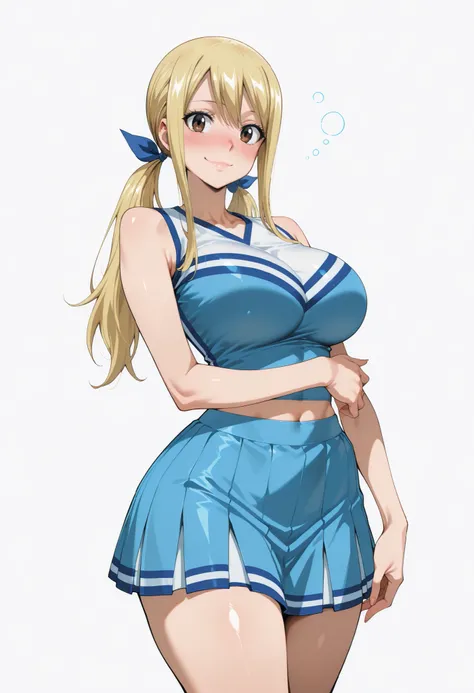 score_9, score_8_up, score_7_up, source_anime,  lucy heartfilia, long hair, blonde hair, large breasts, brown eyes,,, blue hair ribbon,, blush, drunk,, , looking at viewer,, , solo,, large breasts, big ass, thick thigs, wide hips, slim waist, mature body, ...