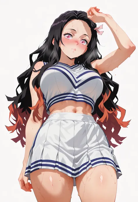 score_9, score_8_up, score_7_up, source_anime, sweat, sweaty, large breasts, looking at viewer, standing, sweay:1.3,, navel, midriff,, large breasts, nose blush, solo, female, thick thigh, thick thighs, sweat, sweaty, sweaty:1.3, white background, simple b...