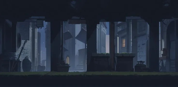 Masterpiece quality (highest quality, best quality), Straight side view, side view, side view, side view, side view, front perspective, 2D view of an metropolis urban battle arena.(dark, night:1.1), In the background is a brick wall of an alley of a large ...