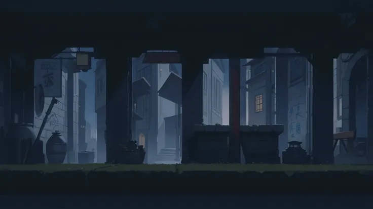 Masterpiece quality (highest quality, best quality), Straight side view, side view, side view, side view, side view, front perspective, 2D view of an metropolis urban battle arena.(dark, night:1.1), In the background is a brick wall of an alley of a large ...