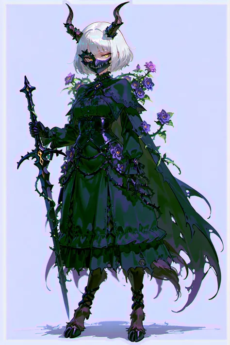 (((masterpiece))), (((Best Quality))), ((Ultra-detailed)), (High-Definition anime Illustration), solo, full body, gothic swordsman lady, Horns like antelope, two long horns actually growing from its head, thorn growing skull Half mask, white bob cut hair, ...