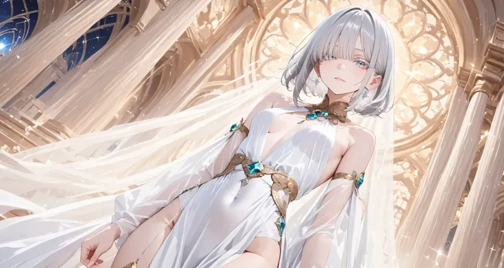 ((Dramatic Angles))、she is a very beautiful woman,gem、 See-through, ((gray hair、White eyelashes、A woman with a sacred vibe、long bangs)), ((One of her eyes is hidden by her bangs.))、small breasts、 The goddess seated on the altar of the temple、complicated, e...