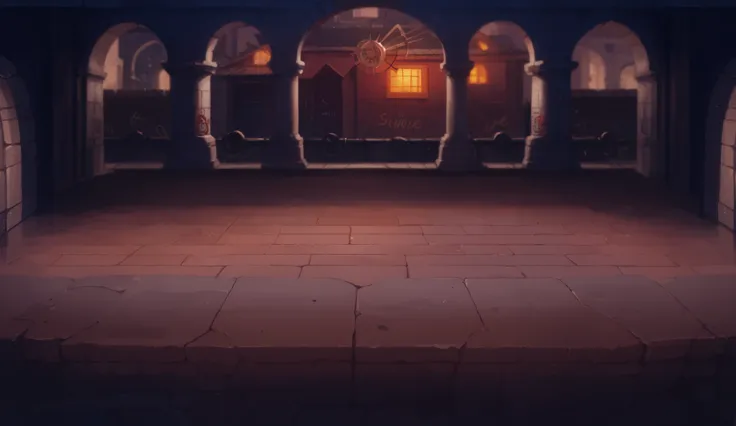 Masterpiece quality (highest quality, best quality), Straight side view, side view, side view, side view, side view, front perspective, 2D view of an metropolis urban battle arena. In the background is a brick wall of an alley of a large house, pipes, graf...