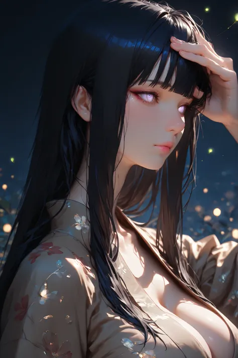 3D animation, close up of a beautiful girl's face with physical characteristics similar to Hinata Hyuga, long black hair with straight bangs covering her forehead, smooth lavender eyes without pupils, pink lips, large breasts with prominent cleavage, she i...