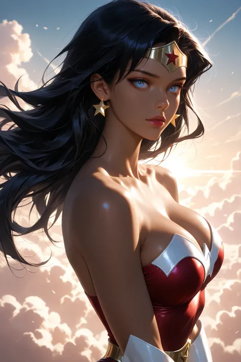 diana prince, black hair, long hair, blue eyes, lipstick, dark-skinned female, bare shoulders, cleavage, red leotard, tiara, jewelry, star earrings, star print, knee boots, Hype4realistic, 1 girl, solo, upper body view, beautiful face, anatomically accurat...