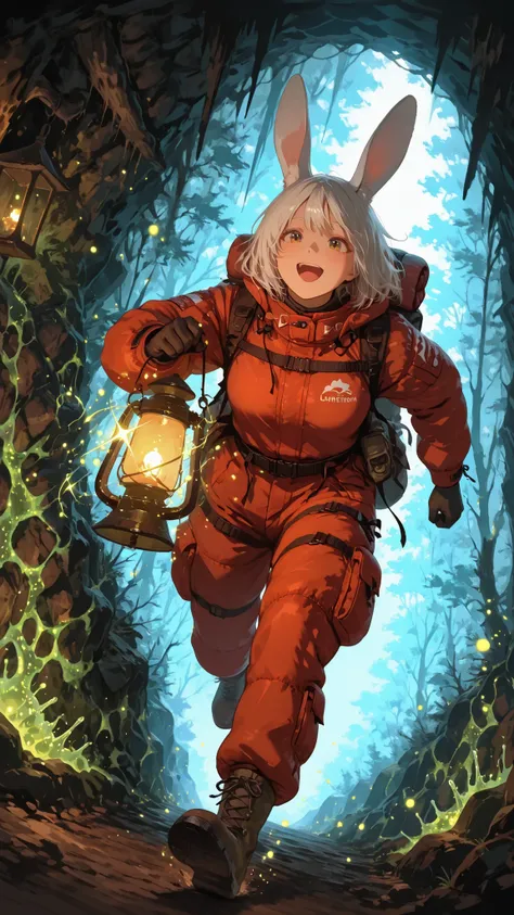 Underground exploration, 1 rabbit girl running, happy, magic effect, dutch angle, exploring with a lantern, in an expedition suit, Narrow Passage, glowing sparkling moss, from below