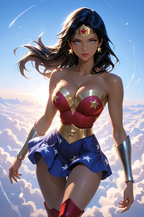 diana prince, black hair, long hair, blue eyes, lipstick, dark-skinned female, bare shoulders, cleavage, red leotard, blue skirt, golden tiara with red star, golden jewelry, golden star earrings, golden star print, red knee boots with gold inserts, metal b...