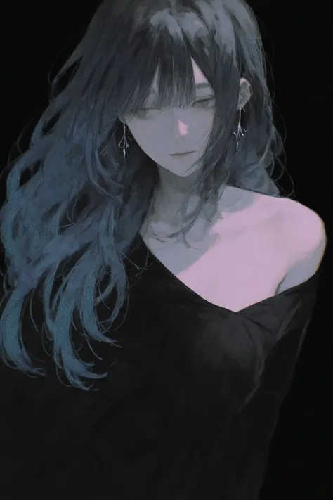 manimani,simple background, screentones, colorful,,lineart,black long hair,gray eyes,mysterious,clothes,natural shadows,one person,black background,age20,vivid,Hair length is shoulder length,mature,simple earrings,Slightly long bangs