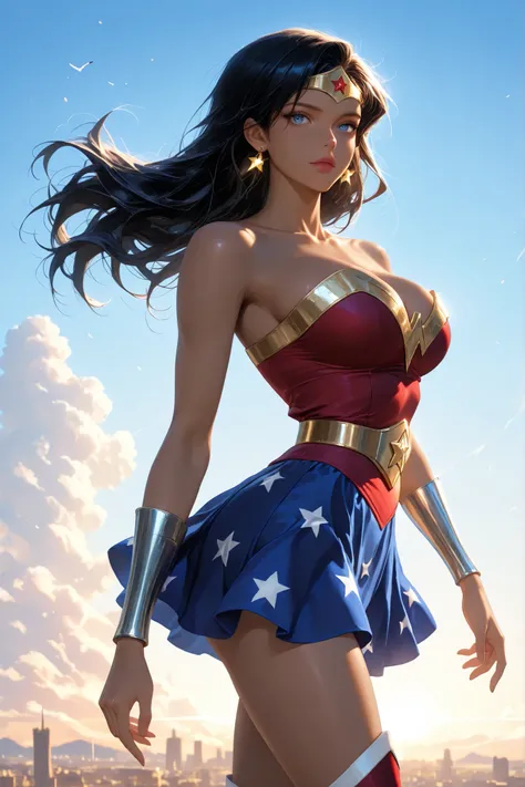 diana prince, black hair, long hair, blue eyes, lipstick, dark-skinned female, bare shoulders, cleavage, red leotard, blue skirt, golden tiara with red star, golden jewelry, golden star earrings, golden star print, red knee boots with gold inserts, metal b...