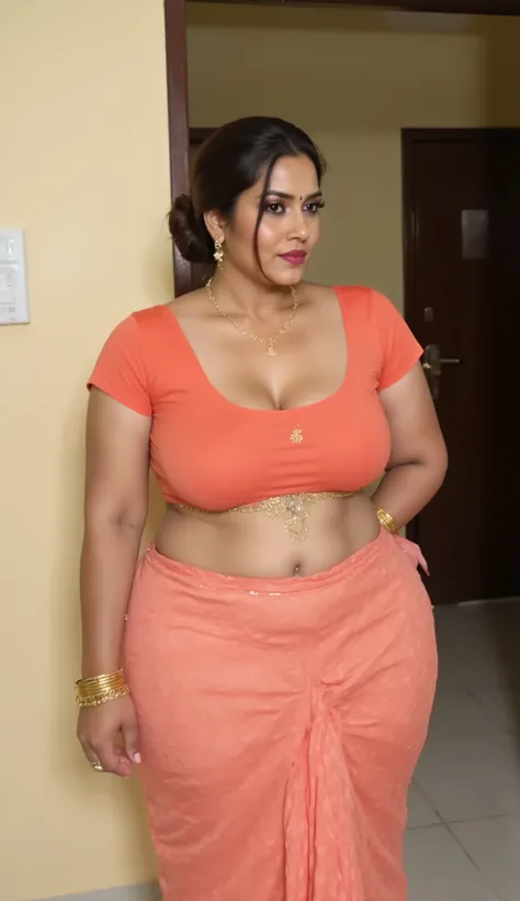 showing her huge back, view fashion model photography image mature indian milf, she is turning back, A woman of South indian, middle-aged, is centrally positioned in the image. She is of a plus-size build. The woman is wearing a coral-colored, patterned, t...